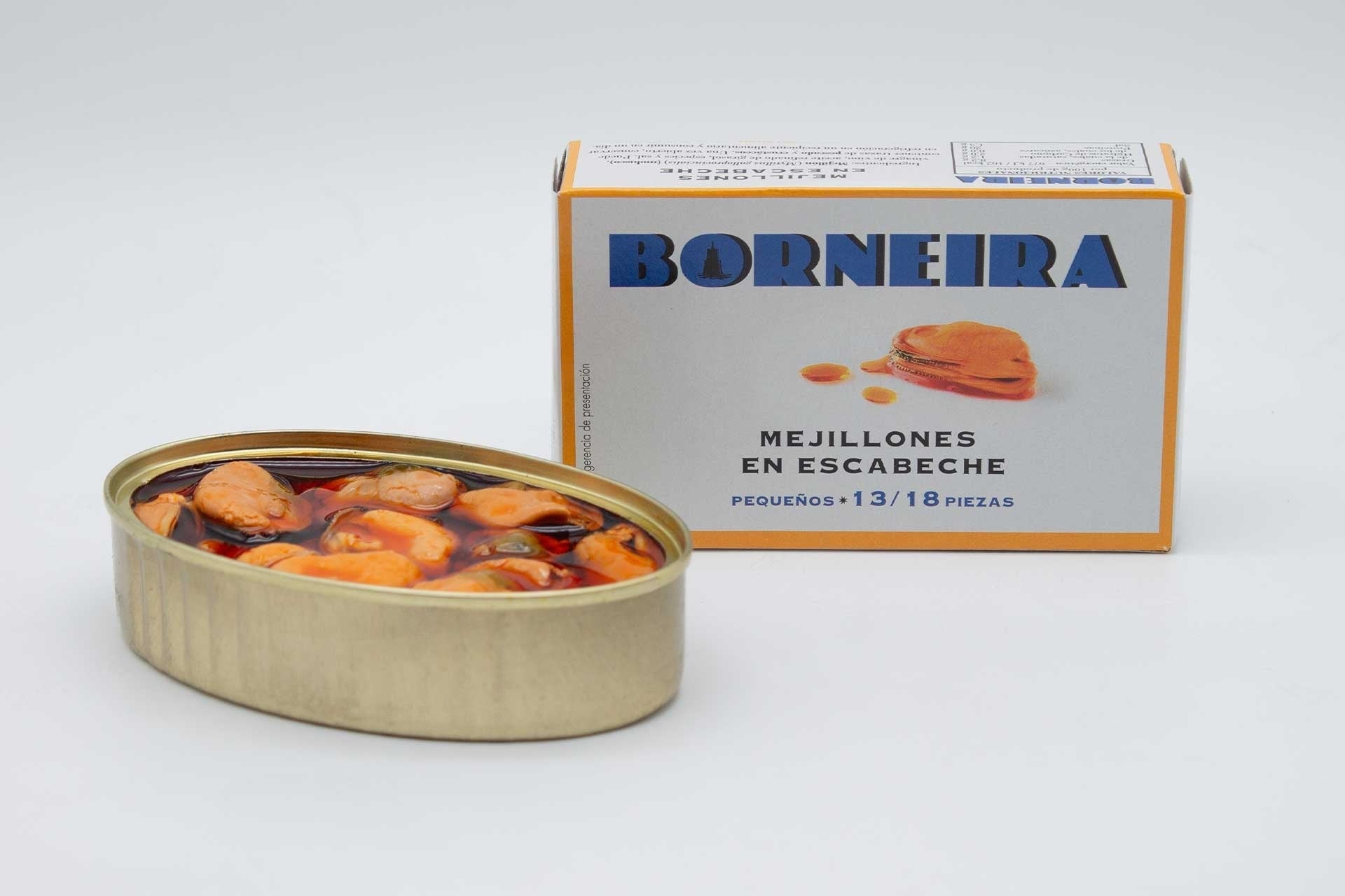 Mejillones pequeños en escabeche marca Borneira 13/18 piezas 115 g