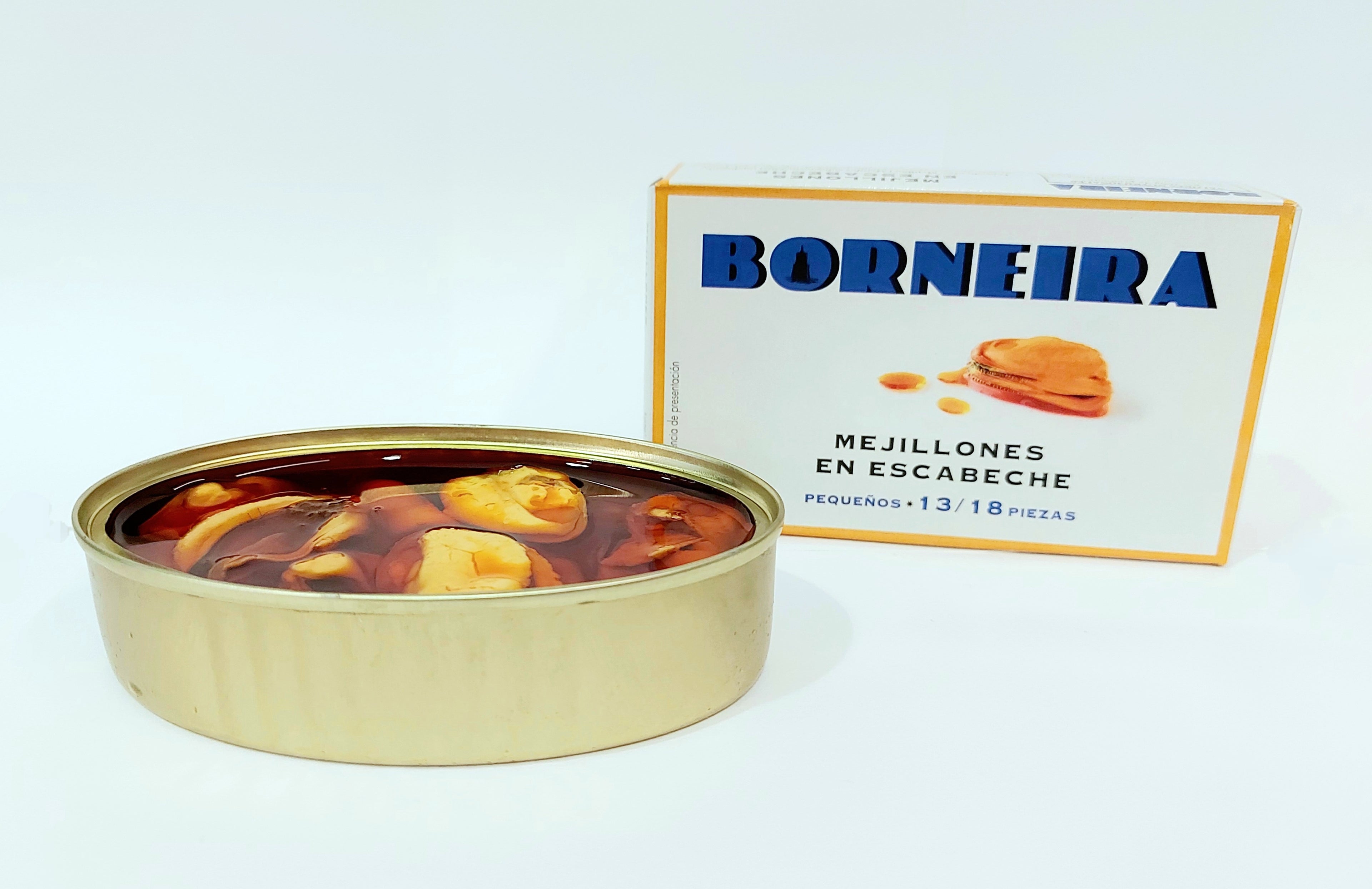 Mejillones pequeños en escabeche marca Borneira 13/18 piezas 115 g