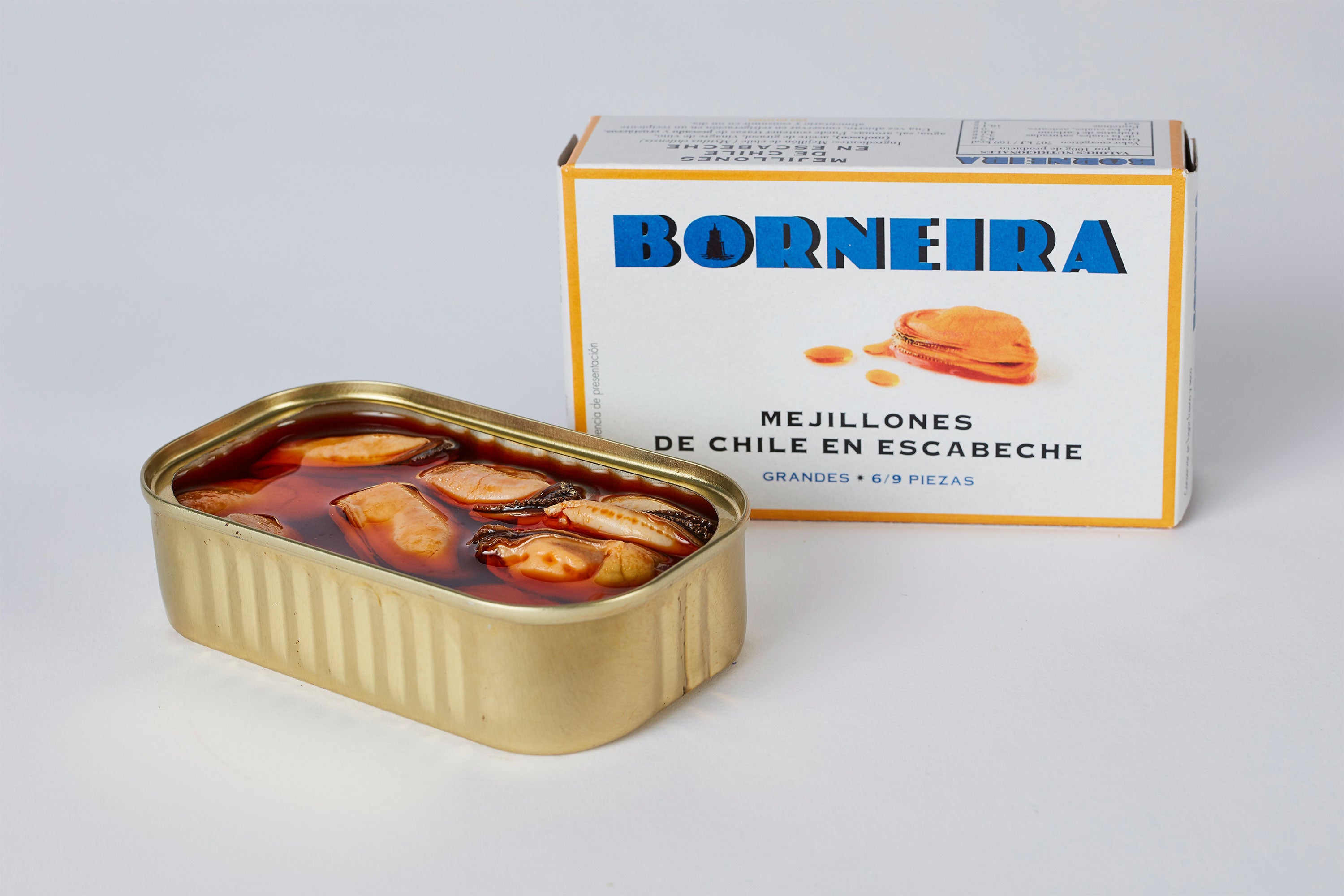 Mejillones de Chile en escabeche marca Borneira 6/9 piezas 115 g